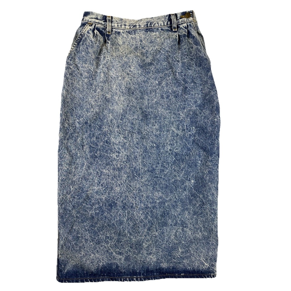 Vtg Essentials‎ Sport Acid Wash Denim Skirt Sz 10 USA Made High Waist Midi Jean